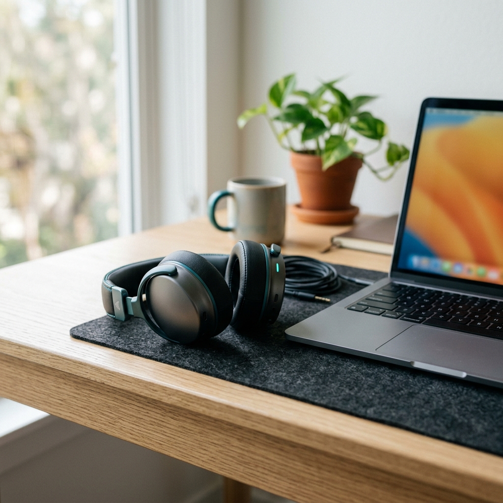 明るいオフィスデスクに置かれた上質なヘッドセットとノートPC